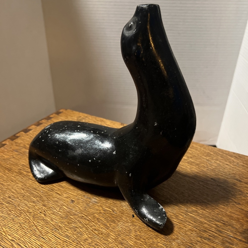 Vintage Heavy Metal Hollow Black Seal Figurine 8 Inch Brass Finish Decor